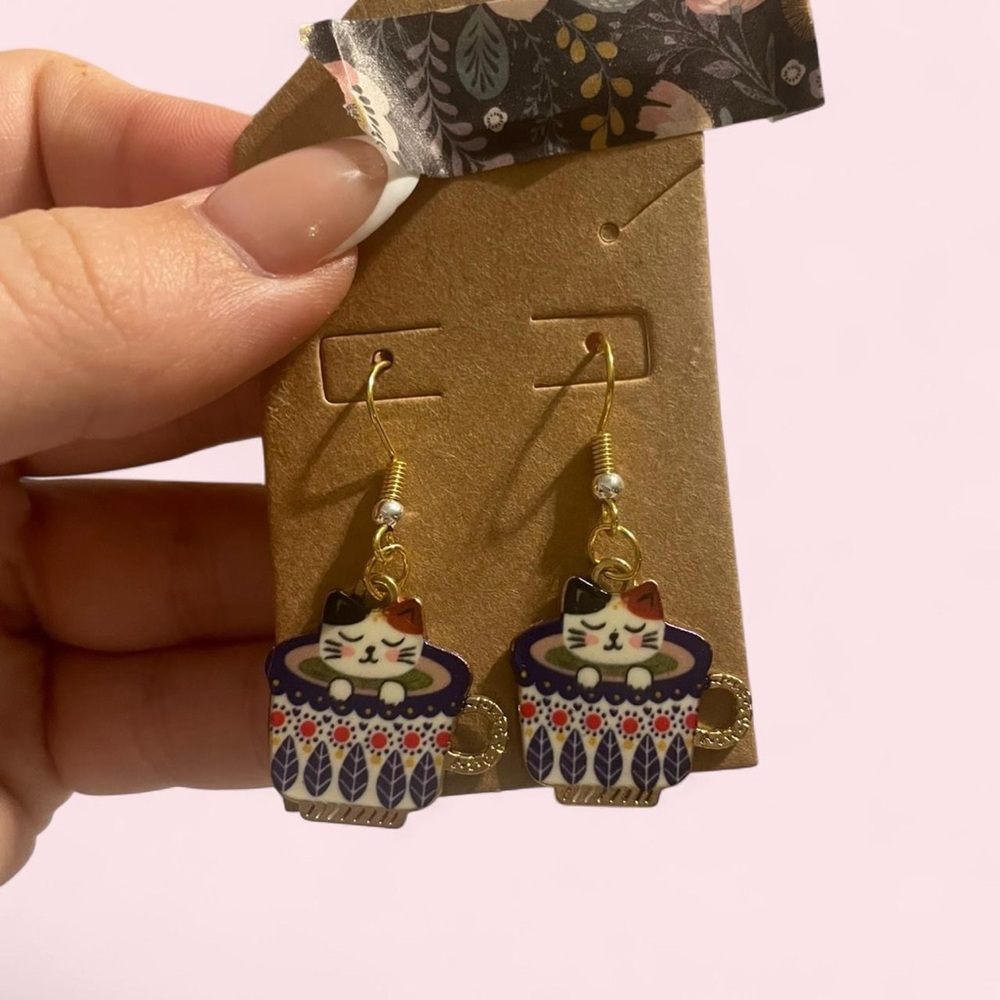 Gold-Tone Cat-in-Teacup Drop Earrings - Multicolor Enamel